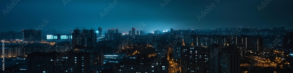 Fototapeta premium A city skyline at night with the lights of the buildings shining brightly. The city is lit up and the sky is dark