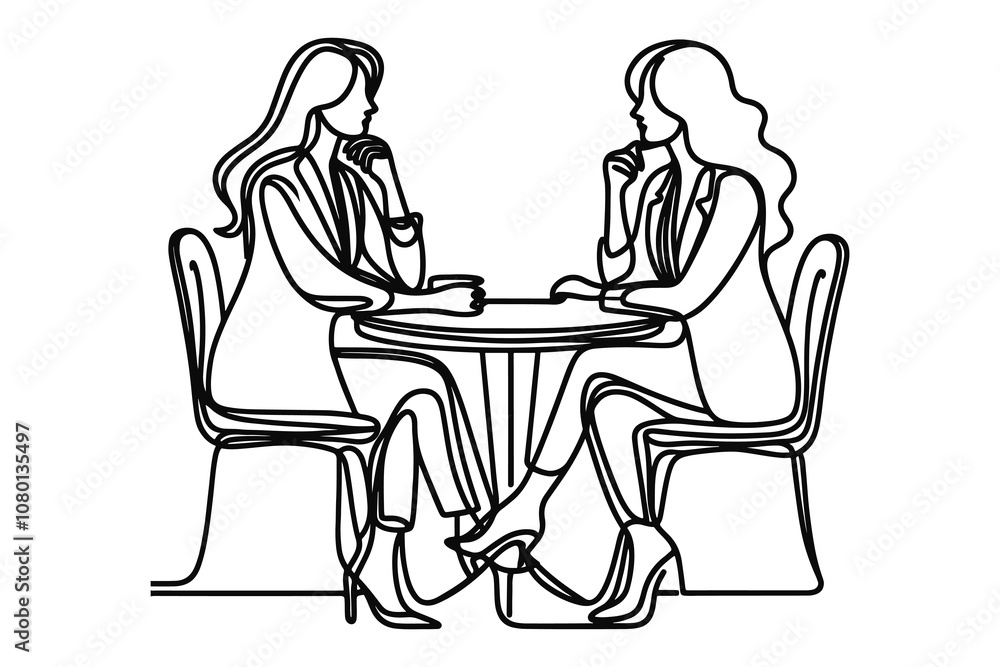 Vector linear image on white background, one line. women at a table in a cafe Vector linear image on white background, one line. women at a table in a cafe