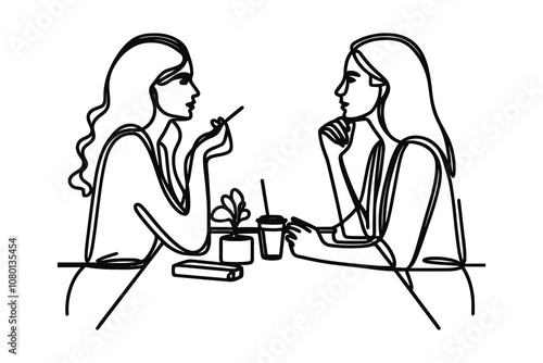 Vector linear image on white background, one line. women at a table in a cafe