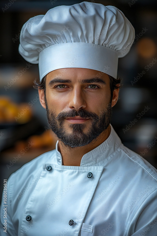 A young male chef with a beard and a white chef's hat looks directly at the camera, posing in a professional kitchen. A young male chef with a beard and a white chef's hat looks directly at the camera, posing in a professional kitchen.