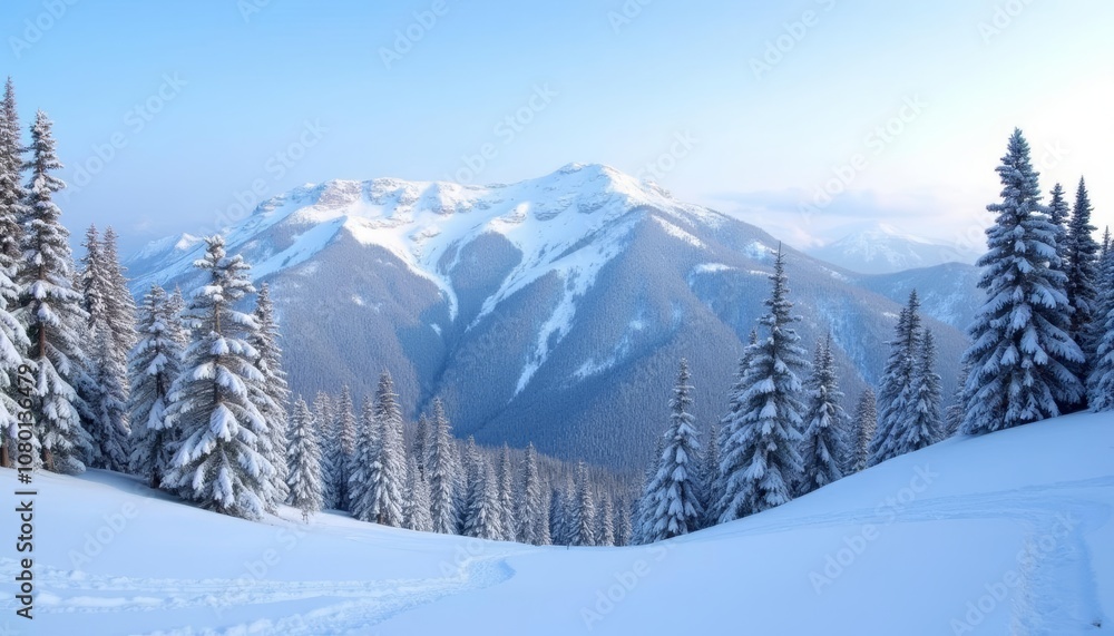 Snowy mountain majesty with evergreen trees Snowy mountain majesty with evergreen trees