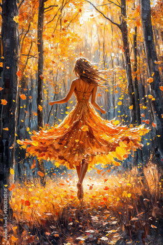 Femme qui danse dans la forêt en automne avec une robe faite de feuilles mortes qui volent autour d'elle