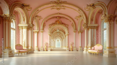 Pink and Gold Ornate Hallway 3D Illustration