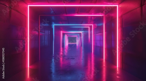 Club Neon. Abstract Geometric Figure Illuminated by Neon Lights in Dark Tunnel