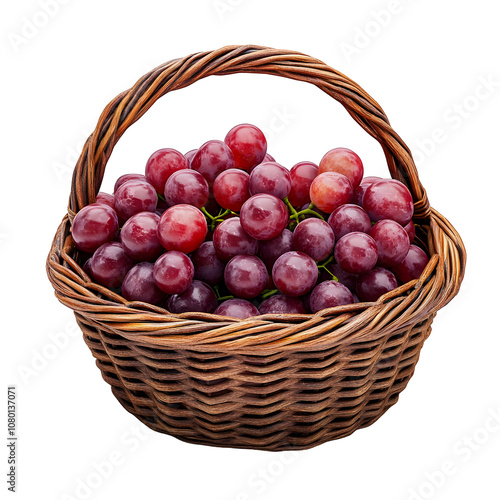 Red Grapes in Wicker Basket on a White Background with a Transparent Background.