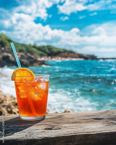 Refreshing Beach Cocktail Against Stunning Ocean Backdrop