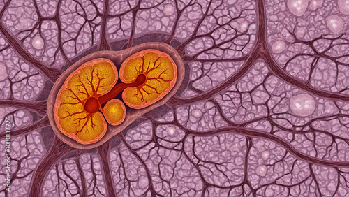 Human kidney with acute glomerulonephritis, showing inflammation ,swelling glomeruli. visibility inflamed areas within nephron, highlighting damage to filtering units kidney. inflamed, fibrotic tissue photo