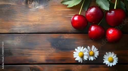 Red Cherries and Daisies on Wooden Background - Photo