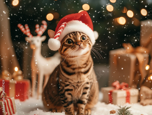 charming kitten dressed in a Santa hat, ready to spread holiday cheer. photo