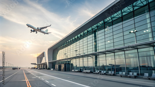 Modern airport terminal with an airplane taking off in the background