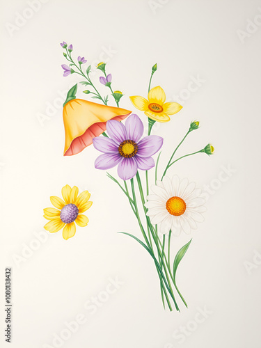 watercolor drawing bouquet of flowers, bell, alsike clover, yellow buttercup, bell and daisy isolated at white background , hand drawn botanical illustration photo