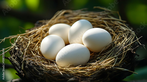 White Eggs in a Nest - Photo