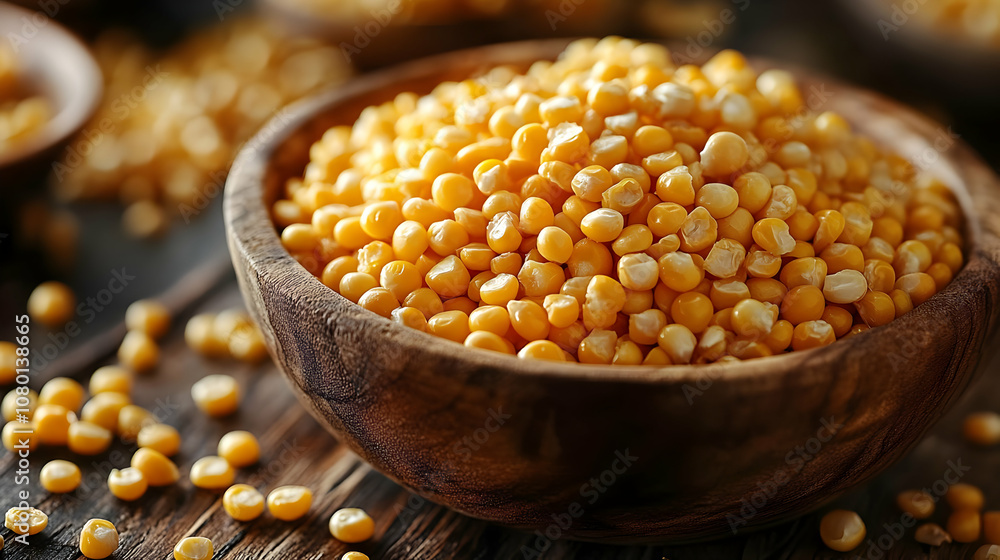 Yellow Corn Kernels in Wooden Bowl - Realistic Image Yellow Corn Kernels in Wooden Bowl - Realistic Image