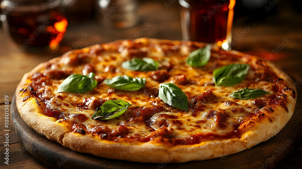Pizza with Basil and Cheese - Realistic Image Pizza with Basil and Cheese - Realistic Image