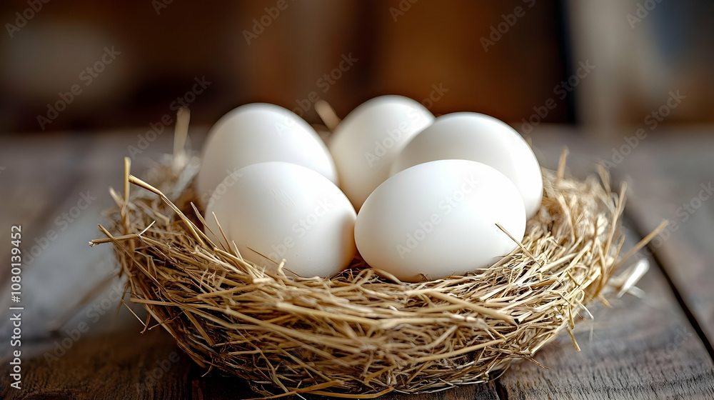 White Eggs Nestled in a Hay Nest - Realistic Photo White Eggs Nestled in a Hay Nest - Realistic Photo