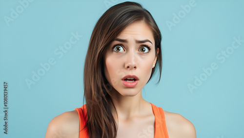 Expressive facial expressions. Shocked stupefied brunette woman wearing orange tank top over blue background , keeps jaw dropped feels stunned from what he sees aside. photo