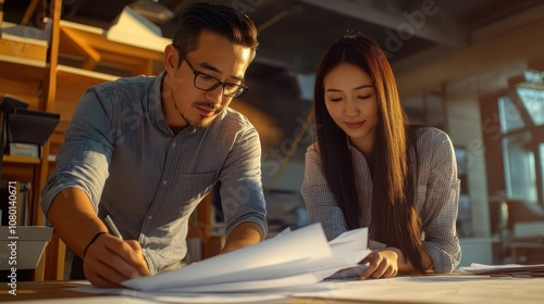 Collaboration in Design: A Latino Architect and East Asian Project Manager Examining Blueprints in a Bright Studio, Photorealistic 8K Portrait.