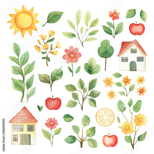 Watercolor cute and friendly icons of a house with a sun in the on a white  background