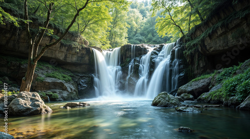 Serene Waterfall Flowing Over Rock Ledges in a Forested Canyon with Lush Green Foliage and Crystal Clear Pool