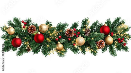 A Festive Christmas Wreath Adorned with Red & Gold Balls, Pinecones, Berries, and Lights, Set Against a Clean White Background