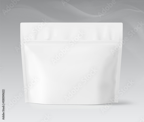 Realistic stand up pouch bag mockup with ziplock and transparent shadow. Front view. Vector illustration isolated on grey background. Ready for your design. EPS10.	