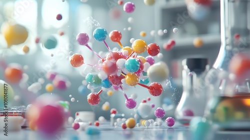 Colorful molecules floating in laboratory setting, representing scientific exploration and discovery.