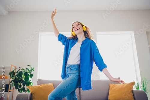 Photo of cheerful positive girl listen music enjoy free time at home cozy day weekend room interior apartment flat indoors #1080142018