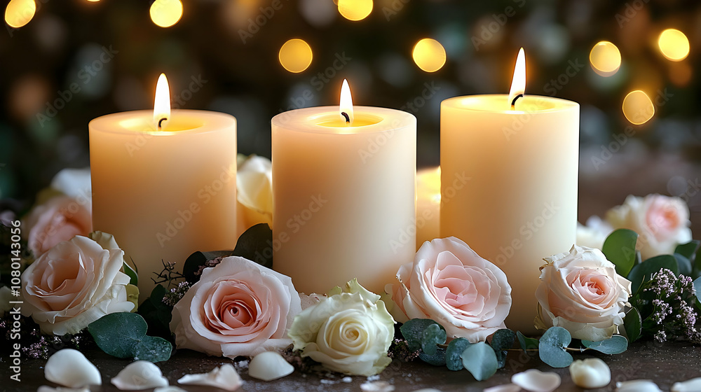 Three Candles with Roses and Bokeh Lights - Illustration Three Candles with Roses and Bokeh Lights - Illustration