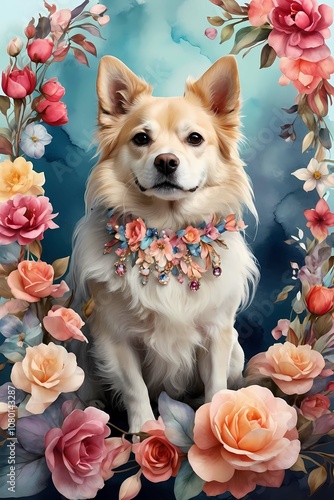 Portrait of a dog in flowers