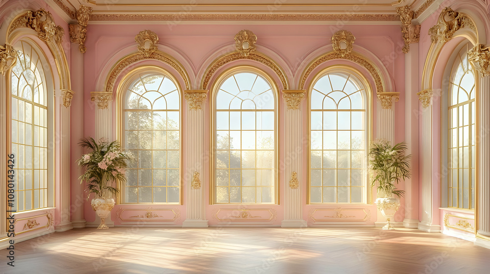 Pink and Gold Room with Large Windows - 3D Illustration Pink and Gold Room with Large Windows - 3D Illustration