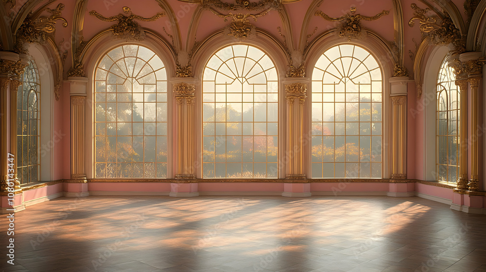 Pink and Gold Room with Arched Windows - 3D Illustration Pink and Gold Room with Arched Windows - 3D Illustration