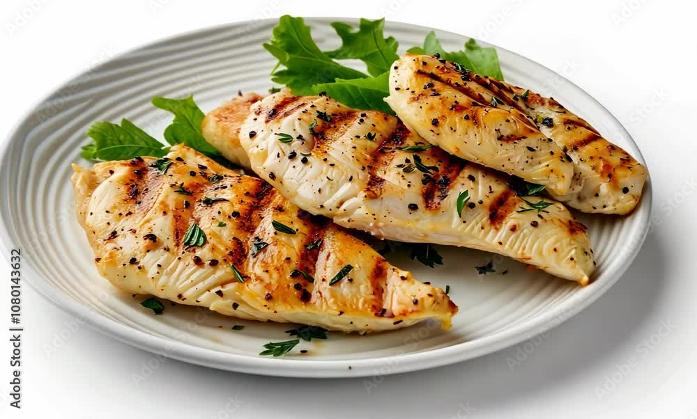 Grilled chicken fillets garnished with herbs on white plate, showcasing delicious and healthy meal option perfect for culinary presentations and nutritious dining. Grilled chicken fillets garnished with herbs on white plate, showcasing delicious and healthy meal option perfect for culinary presentations and nutritious dining.