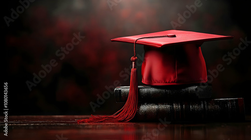 Red Graduation Cap on Stack...
