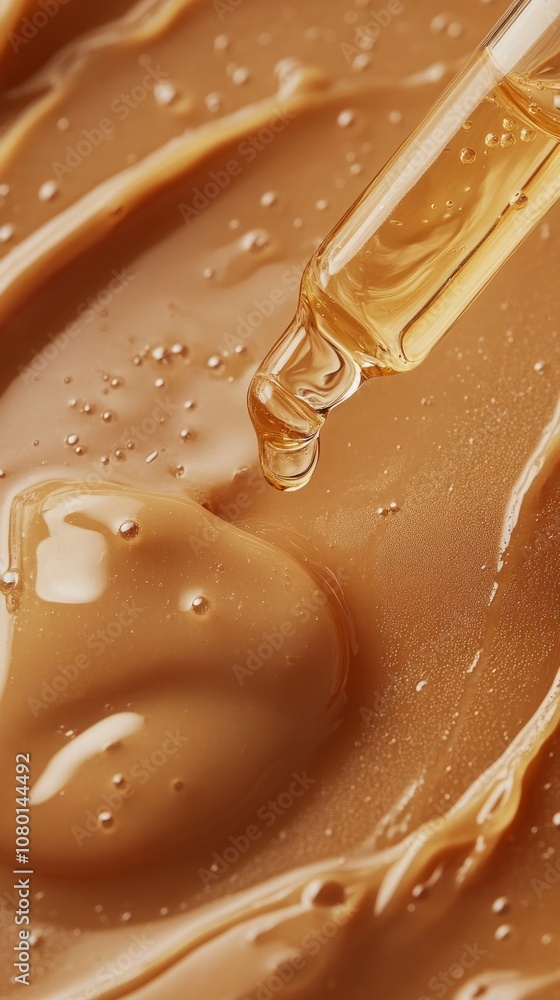 A dropper dispenses golden rice serum onto a smooth, creamy surface, highlighting its rich, glossy texture and inviting appearance A dropper dispenses golden rice serum onto a smooth, creamy surface, highlighting its rich, glossy texture and inviting appearance