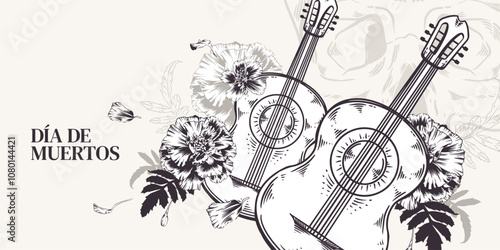 Guitarron with flowers and skull on background. Vector monochrome illustration of stringed musical instrument with Cempasuchil. Marigolds with acoustic guitar. Festive banner for Day of the Dead