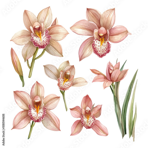 Set of watercolor cymbidium orchids on a white background