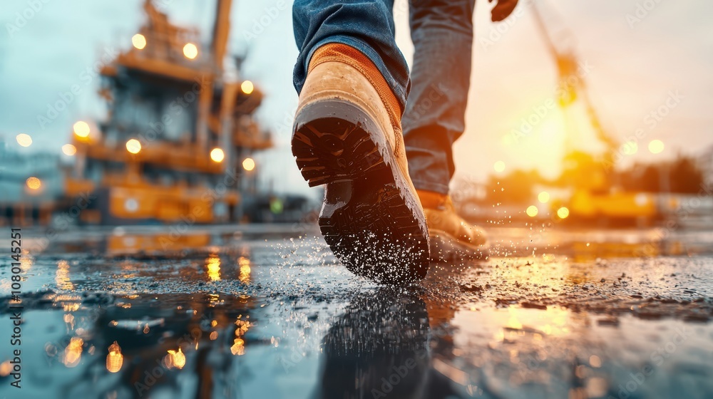 A close-up of worker's boots walking on a wet surface, showcasing the resilience and hard work in an industrial setting. A close-up of worker's boots walking on a wet surface, showcasing the resilience and hard work in an industrial setting.