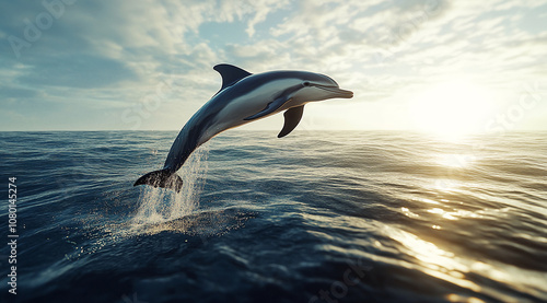 A dolphin leaps out of the water, its sleek body glistening in the sunlight. The ocean is a deep blue, with the sun shining brightly in the distance
