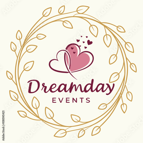 An elegant and romantic logo for a wedding planner, featuring a heart wreath icon. The brand name "DreamDay Events" is in a beautiful Corsive font.