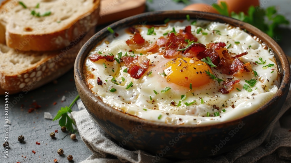 Egg Bowl. Delicious Homemade Breakfast with Bacon, Cheese, and Bread Egg Bowl. Delicious Homemade Breakfast with Bacon, Cheese, and Bread
