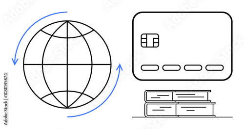 Globe with arrows, credit card, and stack of books emphasize online education and global connectivity. Ideal for e-learning, online transactions, global economy, digital literacy, educational access