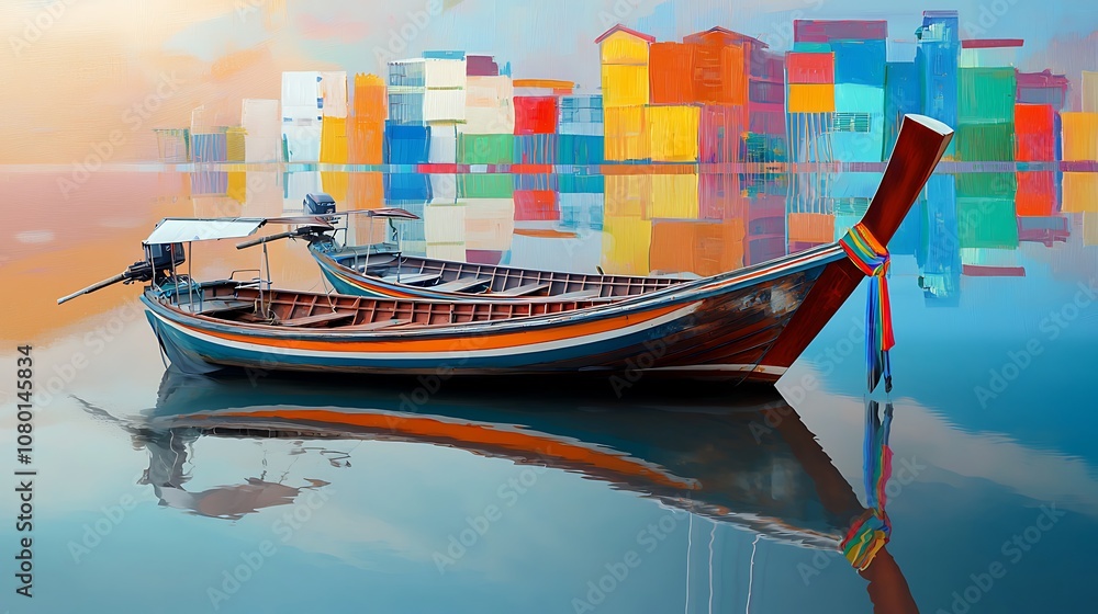 Obraz premium Vibrant Wooden Boat with Colorful Reflection in Water