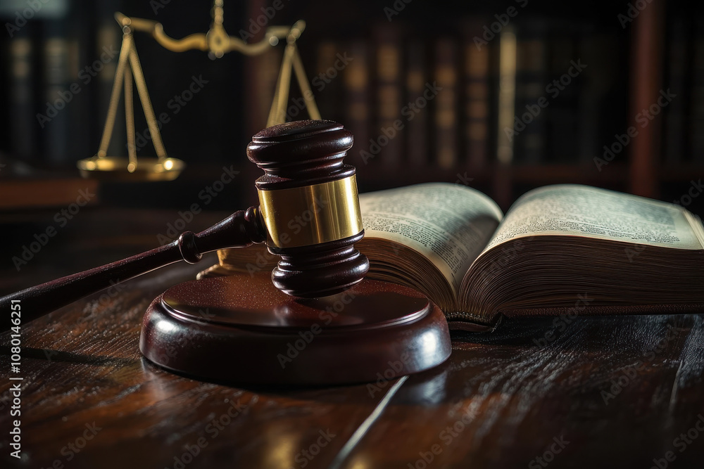 wooden gavel rests on desk beside open law book, symbolizing justice and legal proceedings. background features scales of justice, enhancing legal theme wooden gavel rests on desk beside open law book, symbolizing justice and legal proceedings. background features scales of justice, enhancing legal theme