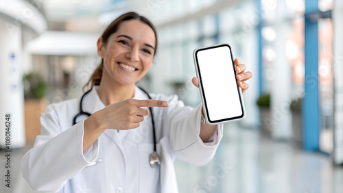 Happy Female doctor in white gown pointing finger at mobile phone white screen mockup