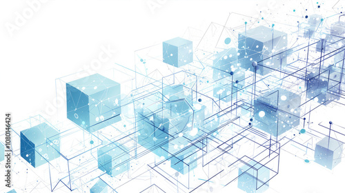 A complex network of interconnected cubes and lines, representing a system or infrastructure.