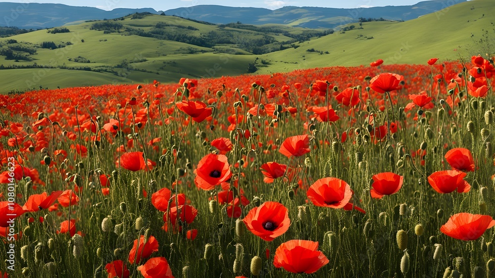 Obraz premium Field of vibrant red poppies with rolling hills in the background, Ai Generated