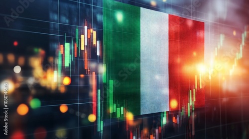 italian economy and finance . with coins and digital trading platform, economic growth, stock market chart, investment trends global challenges and opportunities.	
