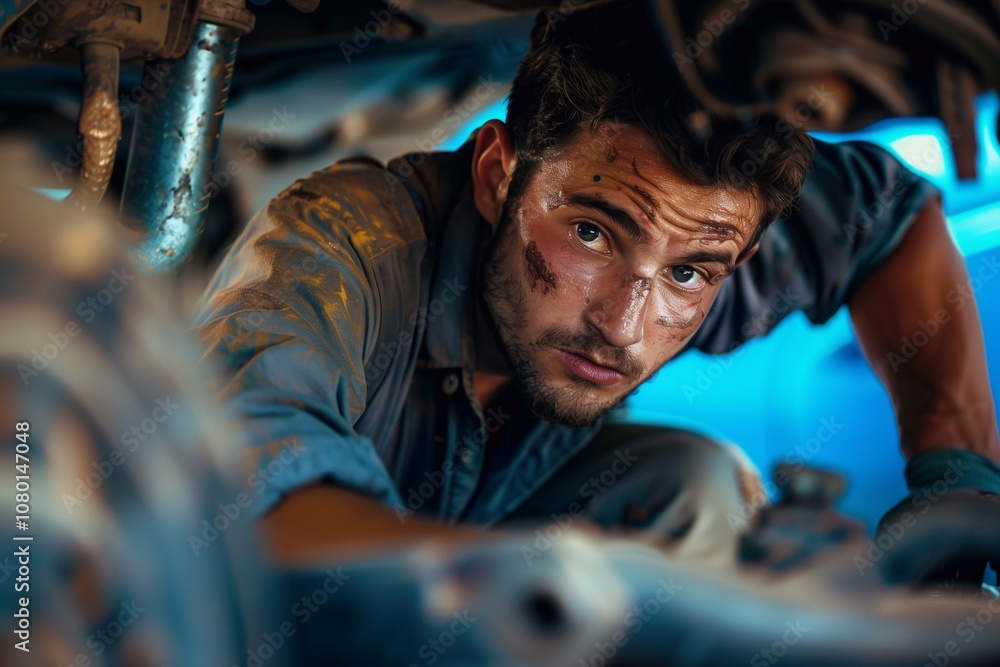 A focused car mechanic repairs a vehicle’s engine in a workshop during daylight hours A focused car mechanic repairs a vehicle’s engine in a workshop during daylight hours
