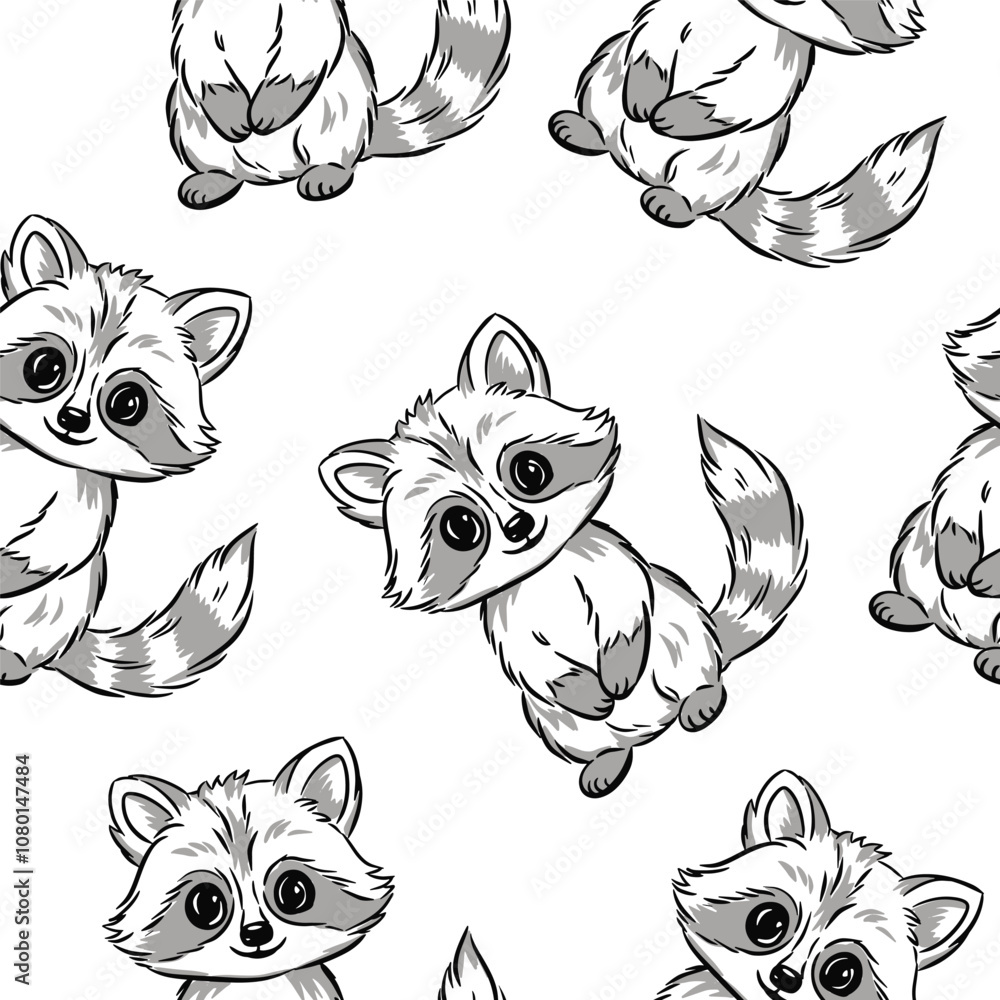 Hand drawn cute cartoon raccoon kids seamless pattern Hand drawn cute cartoon raccoon kids seamless pattern