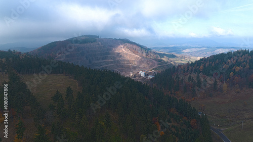 Autumn in the mountains, autumn mountains from above. Drone view.